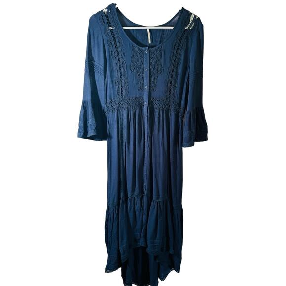 Free People Navy Boho Cottage Core Teared Lace Hi Low Maxi Dress Bell Sleeve 2 - Picture 4 of 16